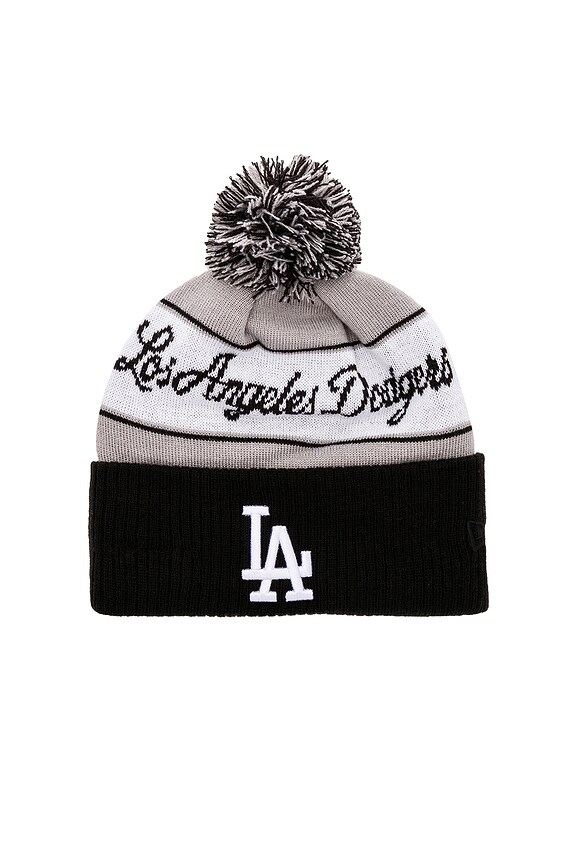 view 1 of 2 x New Era Dodgers Pom Pom Beanie in Black & Light Grey