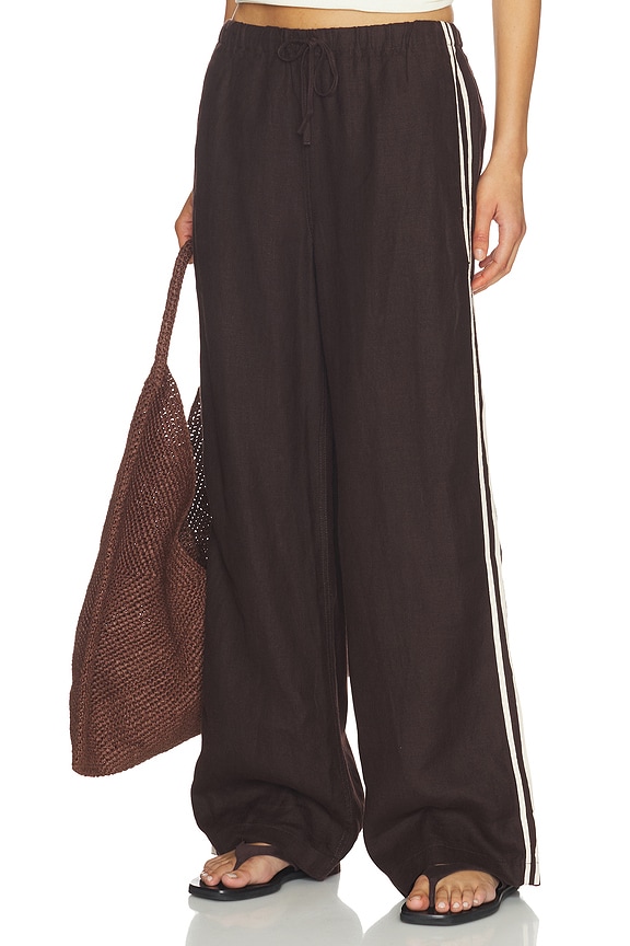 view 1 of 7 Linen Pull On Track Pants in Cocoa & White Stripe