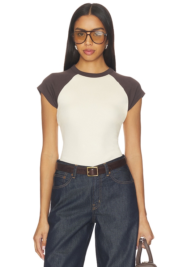 view 1 of 4 Raglan Compact Crewneck Tee Shirt in Vanilla & Brown Baseball