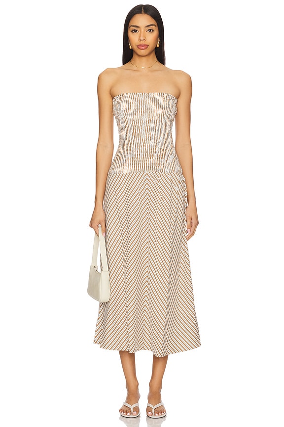 view 1 of 4 Artemis Shirred Midi Dress in Tan Stripe