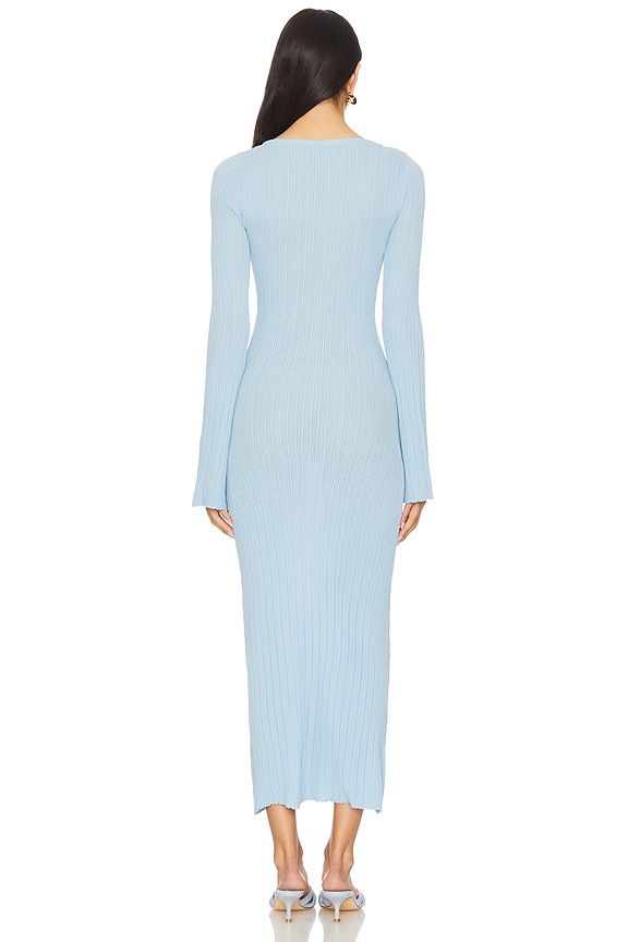 light blue knit midi dress MINKPINK Odessa in Sky Black Frill Sleeve V natural_dress Size:Large This dress features a