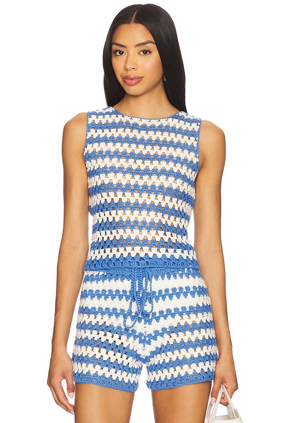 view 1 of 4 CALLY クロシェクロップトップ in Blue & White