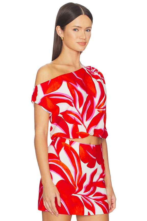 view 2 of 4 Ravelo Asym Bubble Top in Red & White Leaf
