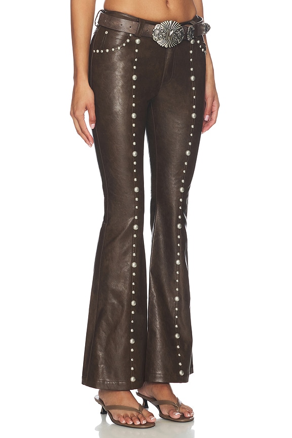 view 2 of 6 Faux Leather Studded Flared Pant in Brown