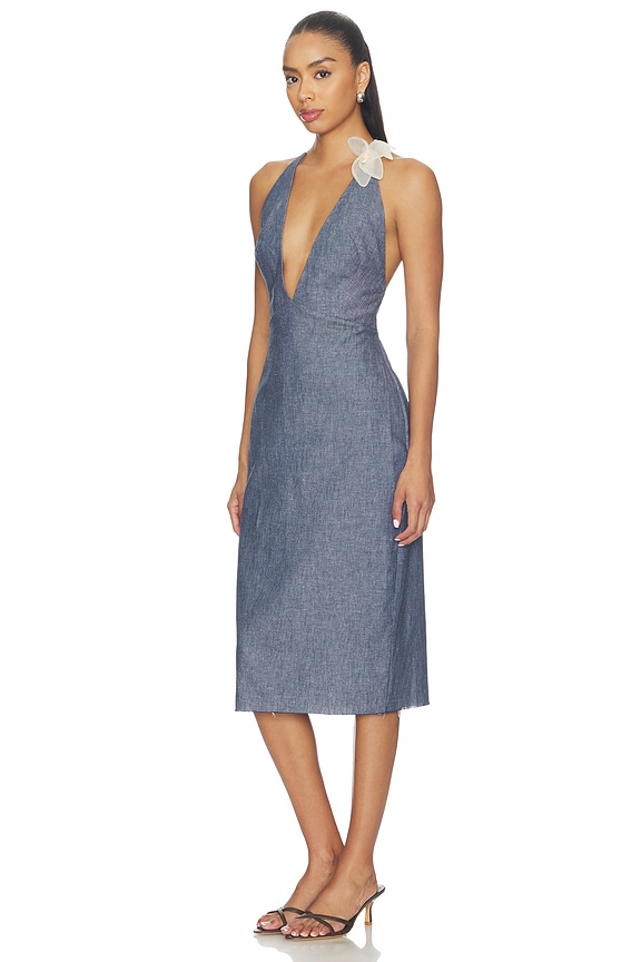 view 1 of 3 Midi V-neck Dress With Flower Detail in Denim