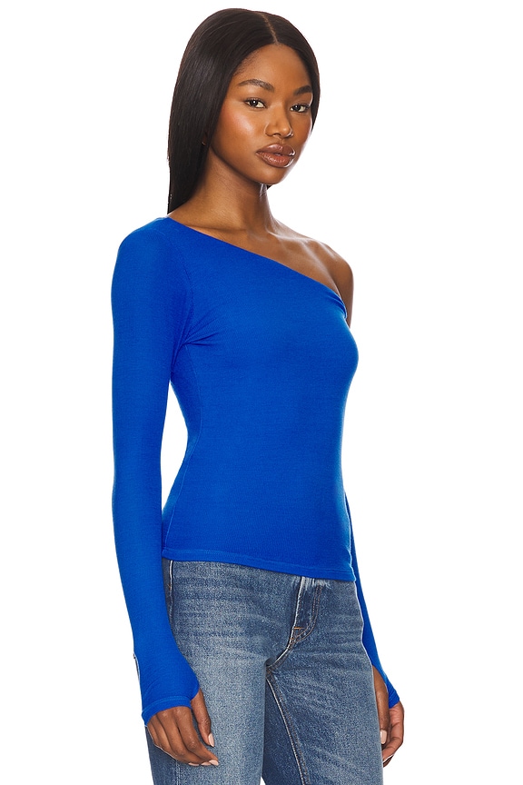 view 2 of 5 Magdalino Asymmetrical Fitted Cold Shoulder Long Sleeve Top in Cobalt