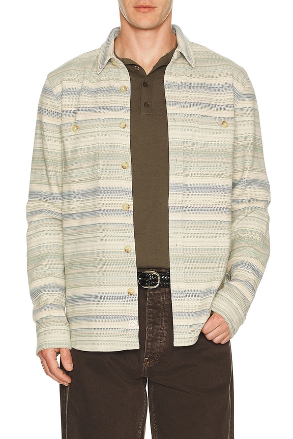 view 1 of 4 Pacifica Stretch Twill Overshirt in Blue & Green Baja Stripe