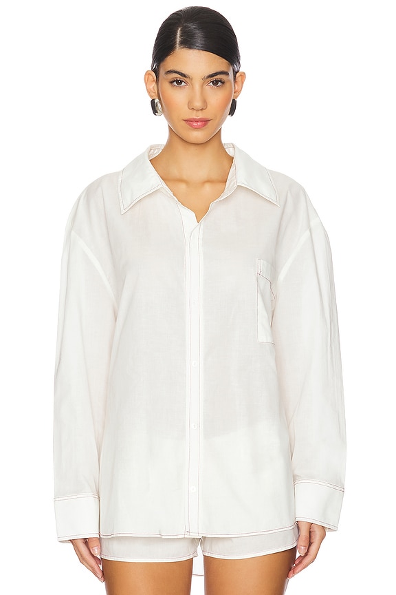 view 2 of 5 Long Sleeve Button Down Top in Cream & Raspberry