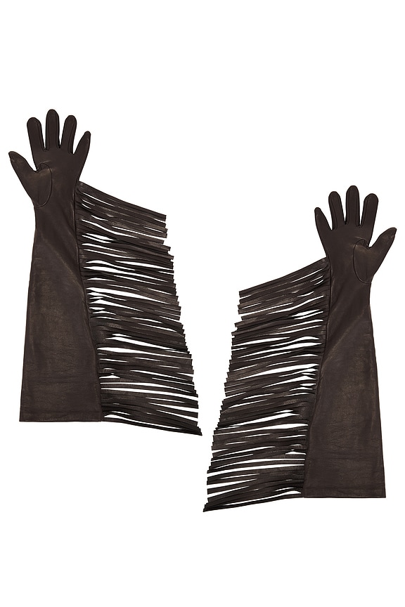 view 2 of 2 Long Fringed Leather Gloves in Dark Brown