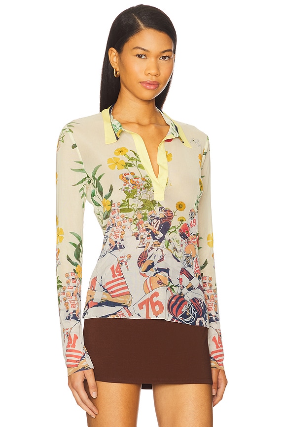 view 2 of 5 Printed Mesh Polo Top in Yellow Multi