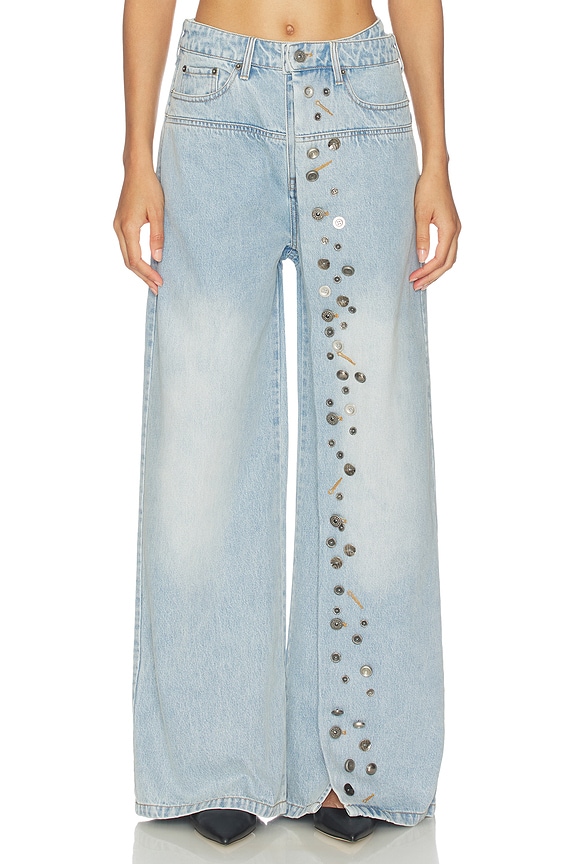 view 1 of 6 Asymmetrical Metal-Button Jean in Light Blue