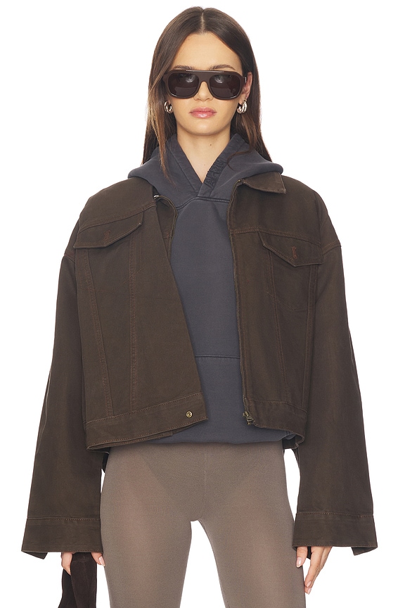 view 2 of 5 Dislocated Wrap Around Denim Jacket in Brown