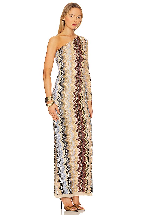view 2 of 3 One Shoulder Maxi Dress in Multi Zig Zag Brown Base
