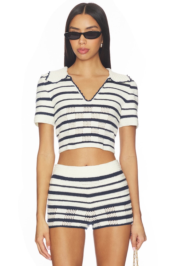view 1 of 4 Vera Hand-crocheted Polo Top in Navy Striped