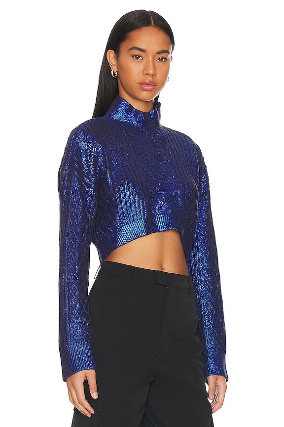 view 2 of 4 Metallic Coated Heart Cable Pullover in Deep Blue