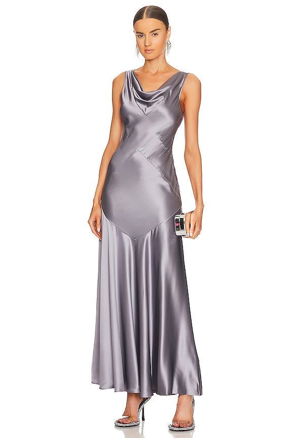 NICHOLAS Senie Cowl Neck Gown with Side Slit in Pewter | REVOLVE