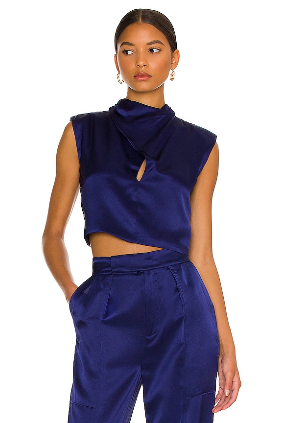 NICHOLAS Emmie Cross Neck Sleeveless Crop Top in Indigo | REVOLVE