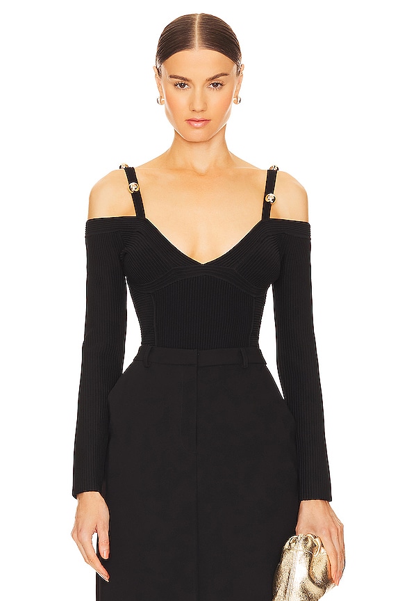 NICHOLAS Leah Off Shoulder Corset in Black | REVOLVE