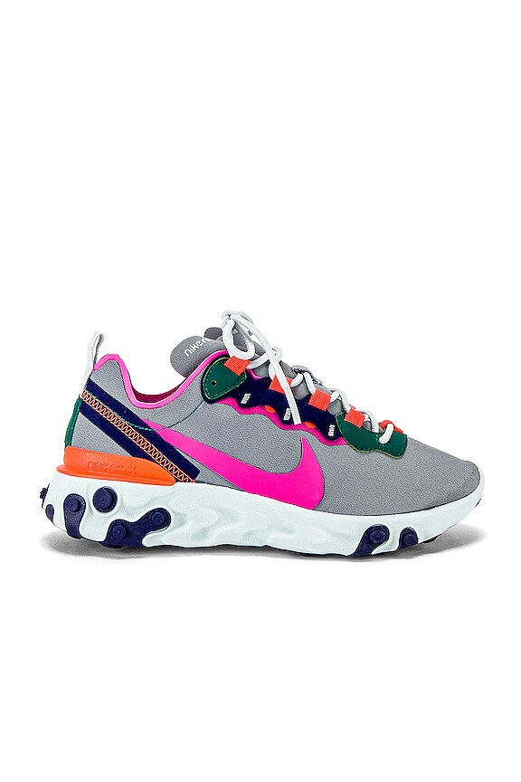 Nike Women's React Element 55 Sneaker in Grey, Fuchsia & Crimson | REVOLVE