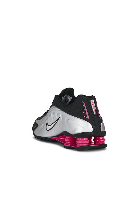 Nike Shox R4 Sneaker in Black, Metallic Silver & Pinksicle | REVOLVE