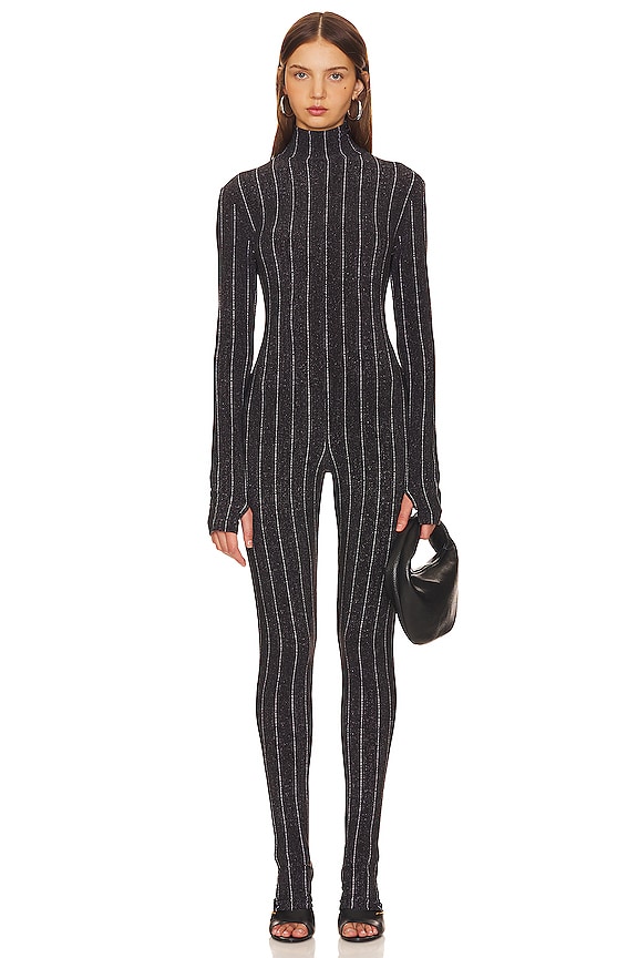 Norma Kamali Long Sleeve Turtle Catsuit With Footie in Woven Pinstripe ...