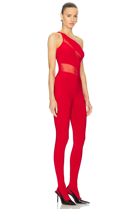 view 2 of 4 Snake Mesh Catsuit With Footsie in Tiger Red