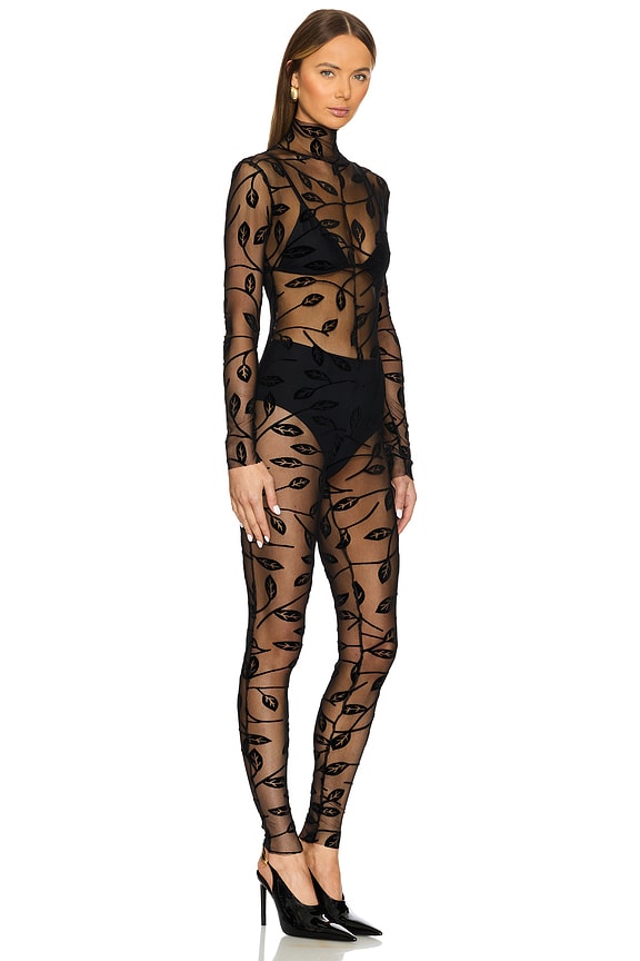 view 2 of 3 Long Sleeve Slim Fit Turtleneck Catsuit in Black Leaf