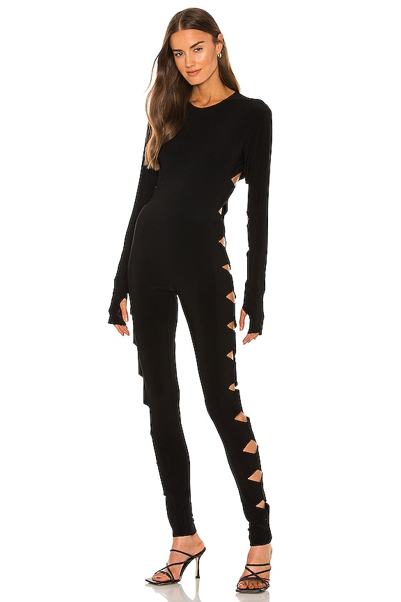 view 2 of 4 Long Sleeve Crew Neck Alligator Catsuit in Black
