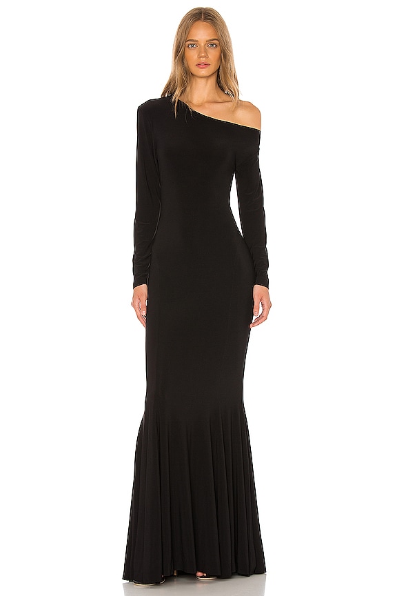 Norma Kamali Long Sleeve Drop Shoulder Fishtail Gown in Black | REVOLVE