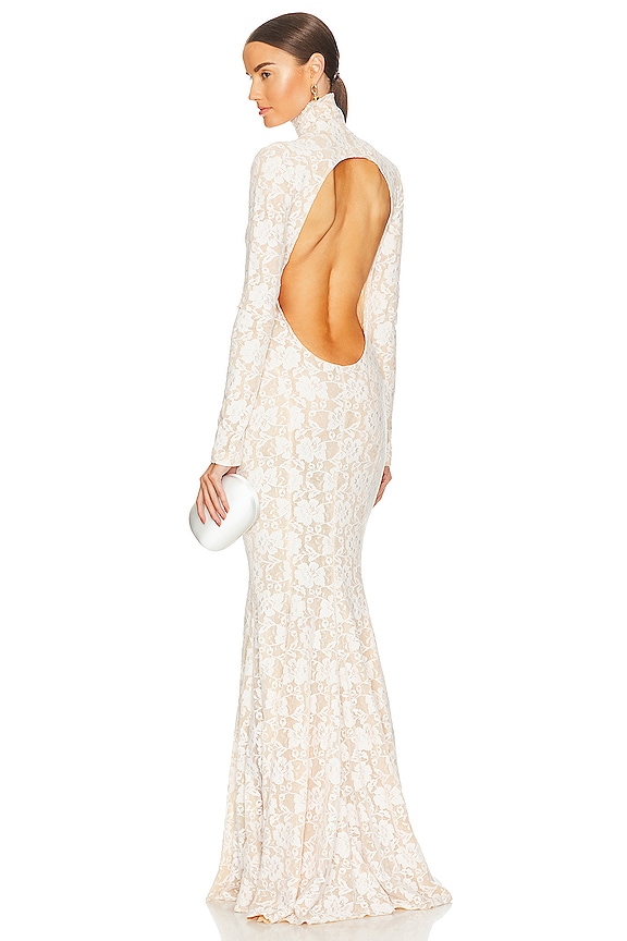view 1 of 3 Long Sleeve Turtle Open Back Fishtail Gown in Ivory, Peony, & Nude