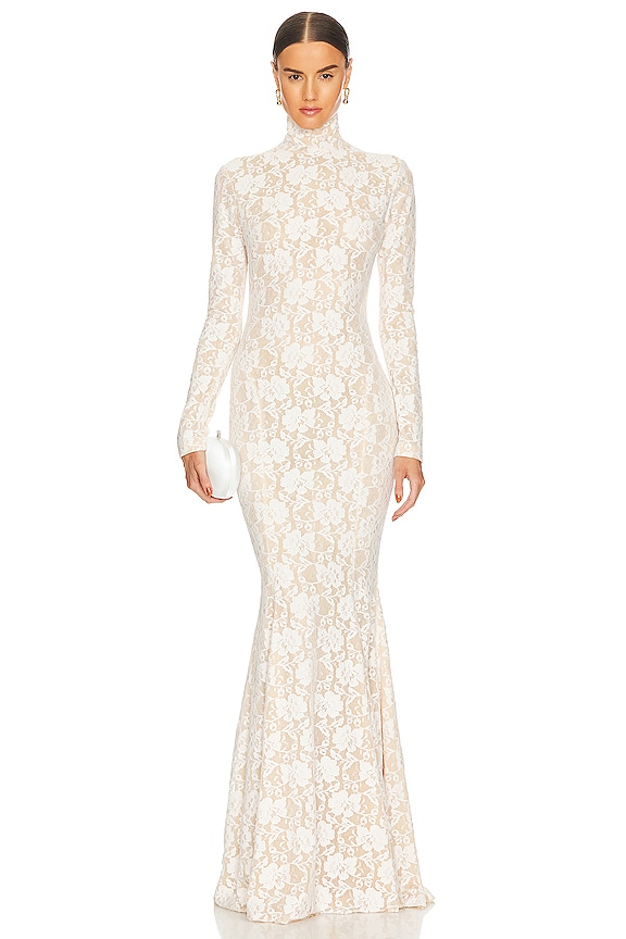view 2 of 3 Long Sleeve Turtle Open Back Fishtail Gown in Ivory, Peony, & Nude