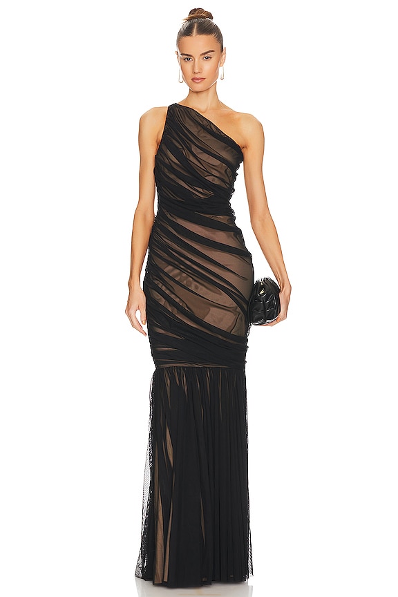 Norma Kamali Diana Fishtail Gown in Black Mesh & Nude | REVOLVE