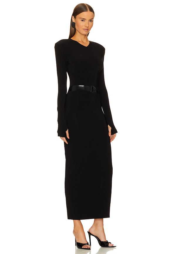 view 2 of 3 Long Sleeve Shoulder Pad Side Slit Gown in Black