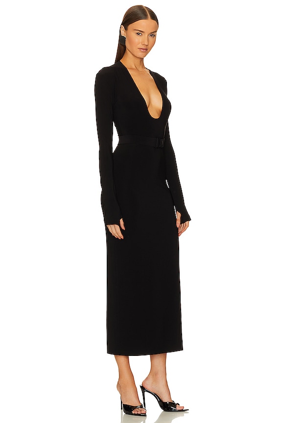 view 2 of 3 Long Sleeve Deep U Neck Side Slit Gown in Black