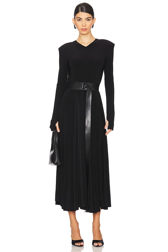 view 2 of 6 Long Sleeve Shoulder Pad V Neck Flared Dress in Black