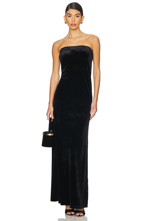 view 2 of 6 Strapless Tailored Velvet Side Slit Gown in Black
