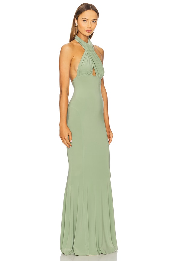 view 2 of 3 Cross Halter Fishtail Gown in Vintage Green