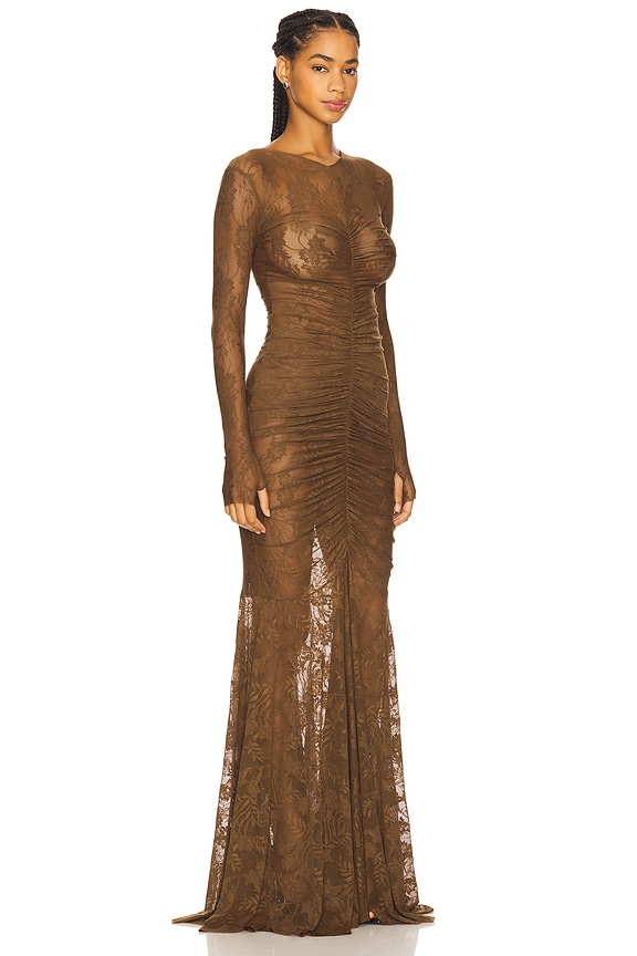view 2 of 3 Long Sleeve V Neck Shirred Front Fishtail Gown in Bark