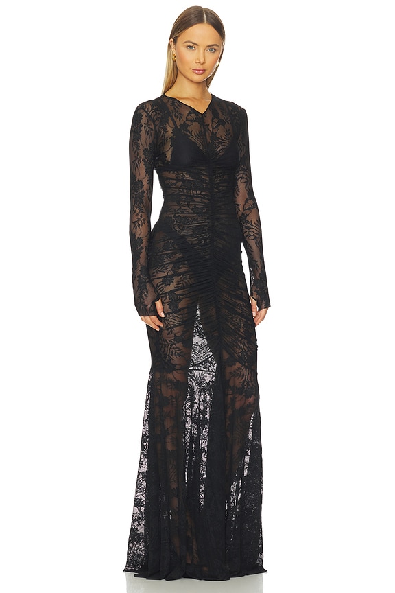 view 2 of 3 Long Sleeve V Neck Shirred Front Fishtail Gown in Black