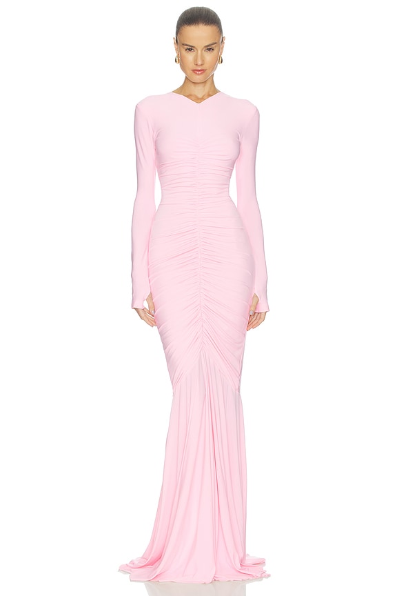 view 1 of 4 ROBE DE SOIRÉE LONG SLEEVE V NECK SHIRRED FRONT FISHTAIL in Ballet Pink