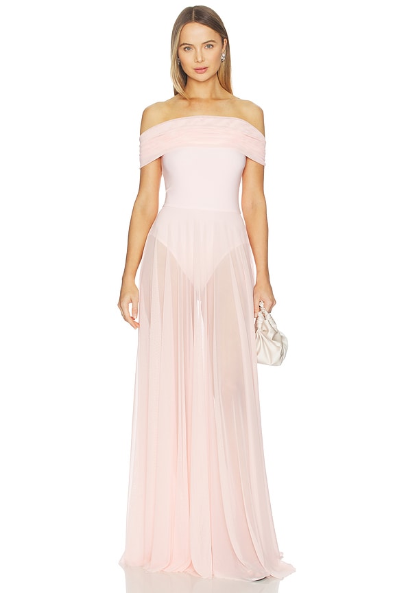 view 1 of 3 Sleeveless Cowl Neck Combo Flared Gown in Ballet Pink