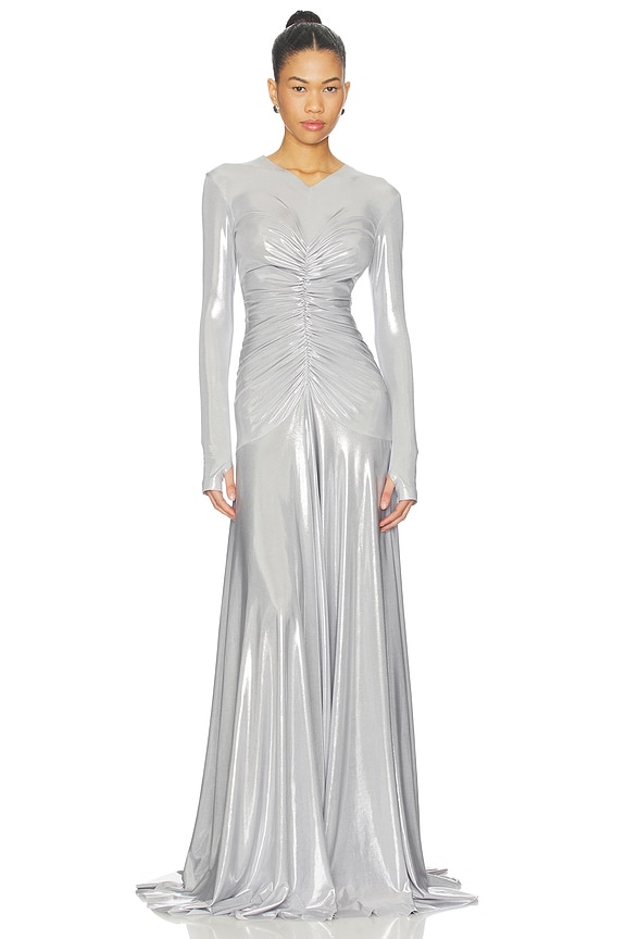 view 1 of 4 ROBE DE SOIRÉE LONG SLEEVE V NECK SHIRRED FRONT FLARED in Silver