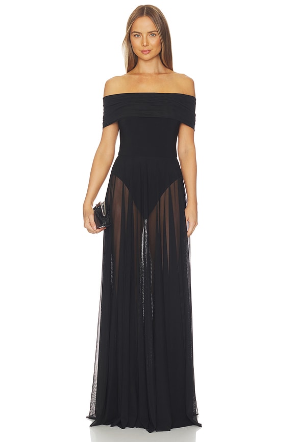 view 1 of 3 Sleeveless Cowl Neck Combo Flared Gown in Black