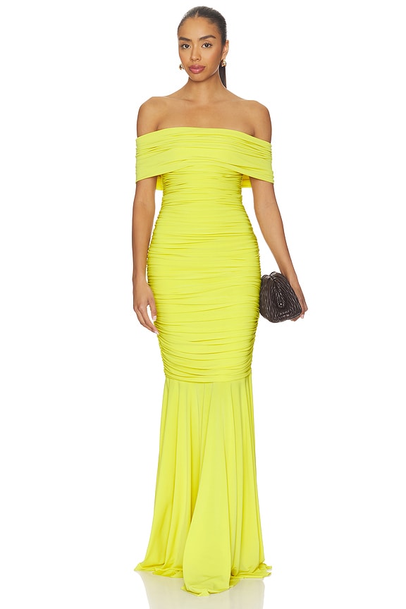view 1 of 3 Sleeveless Cowl Neck Side Shirred Fishtail Gown in Serene Yellow