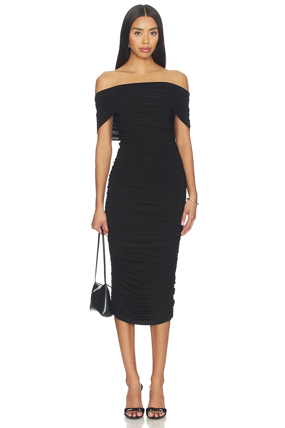 view 1 of 3 Sleeveless Cowl Neck Side Shirred Dress Below Knee in Black