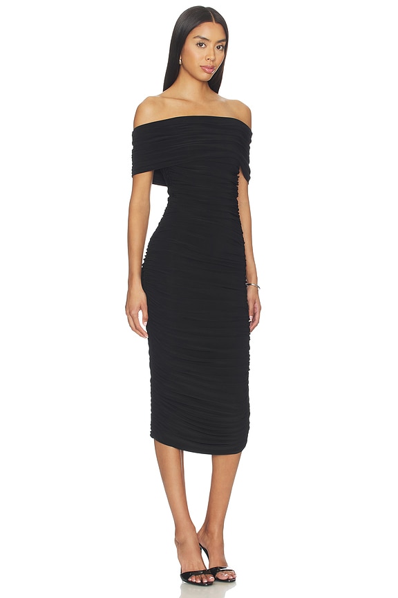 view 2 of 3 Sleeveless Cowl Neck Side Shirred Dress Below Knee in Black