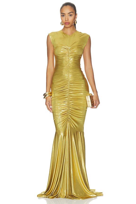 view 1 of 4 VESTIDO LARGO SIN MANGAS CON CUELLO EN V Y COLA DE SIRENA in Rich Gold