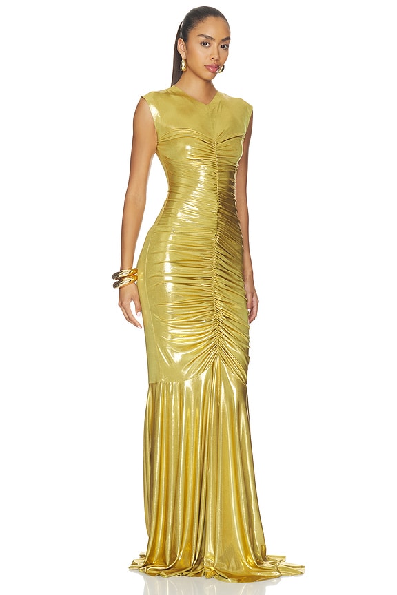 view 2 of 4 VESTIDO LARGO SIN MANGAS CON CUELLO EN V Y COLA DE SIRENA in Rich Gold