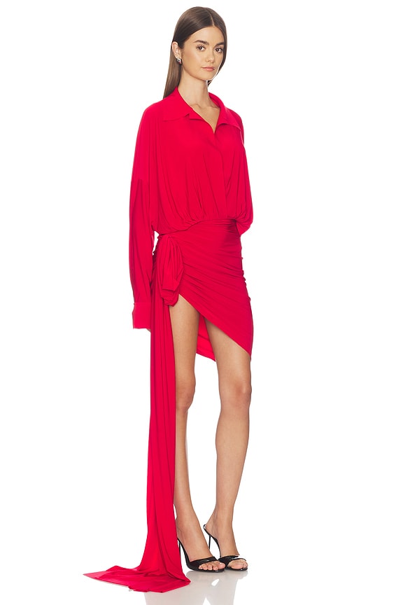 view 2 of 3 Oversized Shirt Side Drape Dress With Bow in Tiger Red