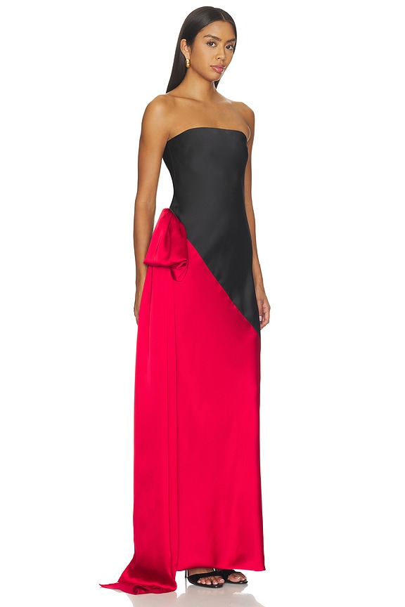 view 2 of 3 Spliced Bias Strapless Gown With Bow in Tiger Red & Black